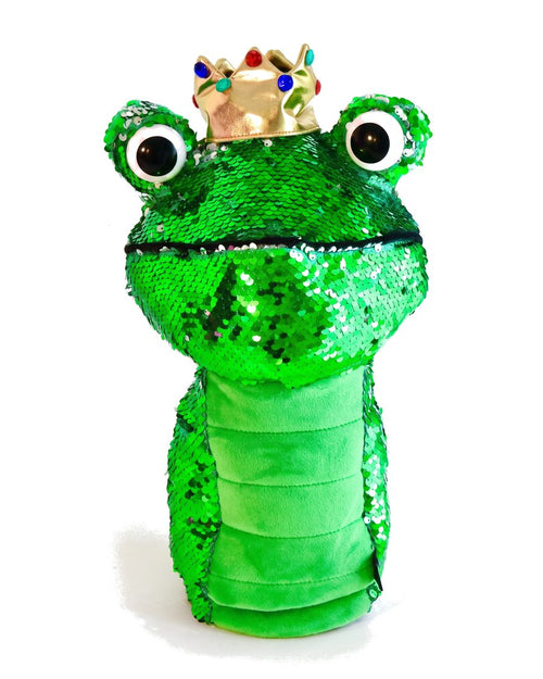 Frog Prince sequin golf head cover with crown, front view
