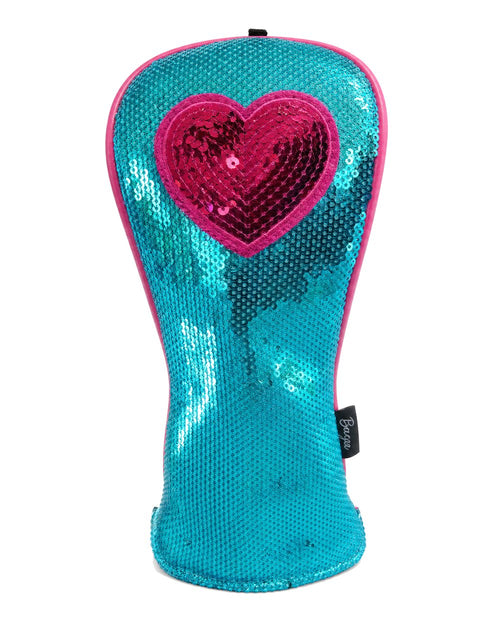 Heart of the Ocean, türkiser Head Cover mit Pailletten und pinkem Herz, Vorderansicht
